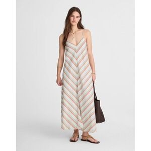 Madewell‎ Striped V Neck Midi Dress Linen Stripe Sz XL Preppy Coastal Minimalist